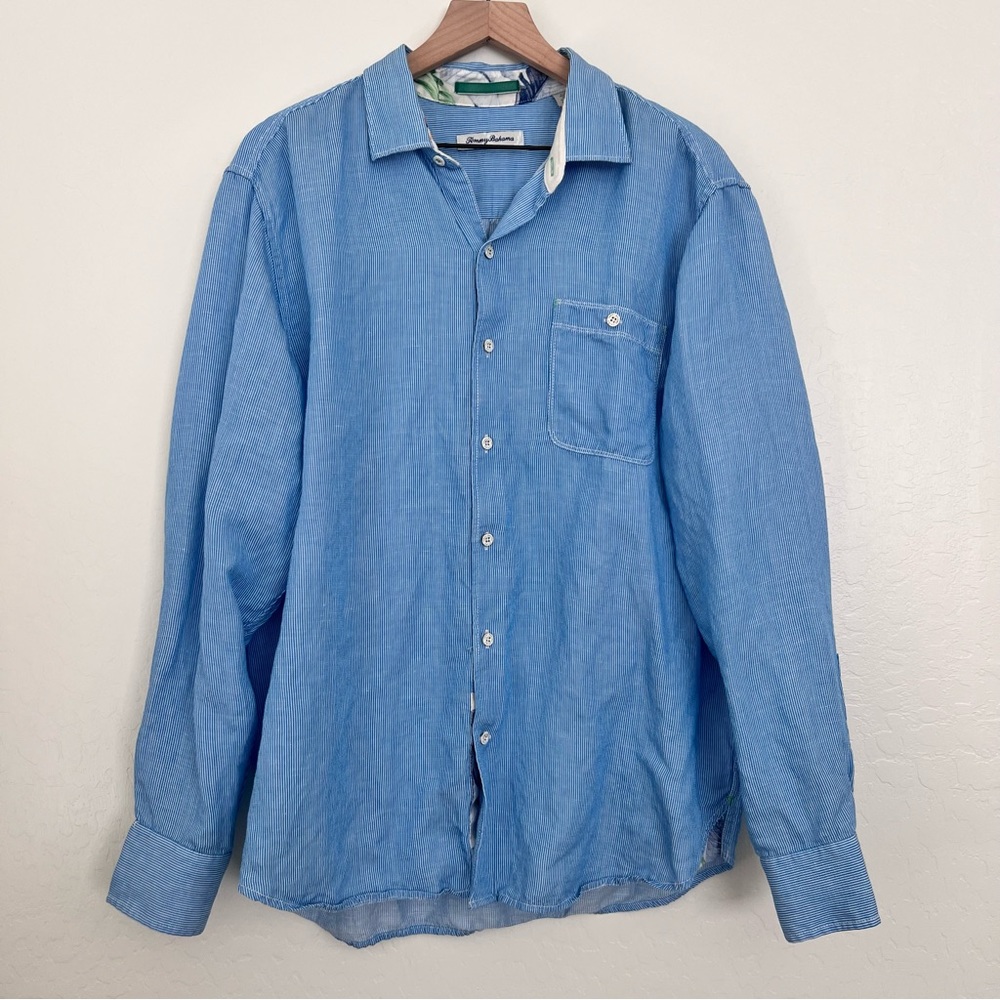 Tommy Bahama Casual Linen Blend Long Sleeve Button Up Blue White Stripes size L